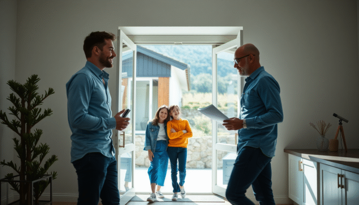 Una familia asturiana de tres personas (padre, madre e hijo adolescente) en la entrada de su casa unifamiliar, con un agente de seguros sonriente explicándoles una póliza. La vivienda es moderna, con detalles de entorno natural típico de Asturias (verde, piedra, tejado a dos aguas). Ambiente soleado, sensación de protección y confianza. Estilo realista, enfoque editorial profesional. Colores dominantes: azul, blanco y tonos cálidos.